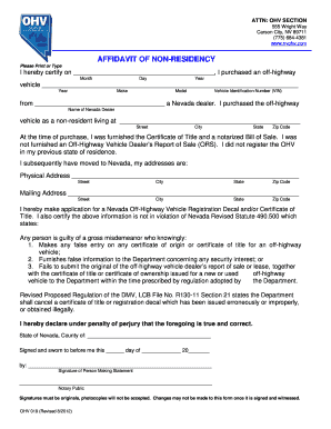 OHV 019 Affidavit of Non Residency  Form