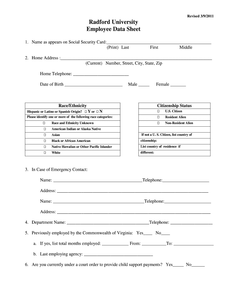 Radford University Employee Data Sheet Radford  Form