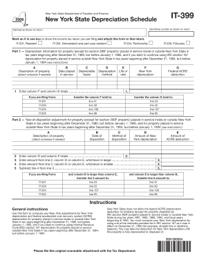 New York State Department of Taxation and Finance New York State Depreciation Schedule it 399 Identifying Number as Shown on Ret  Form