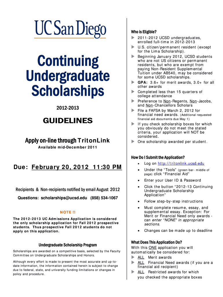 Continuing Undergraduate Scholarships University of California Faoforms Ucsd