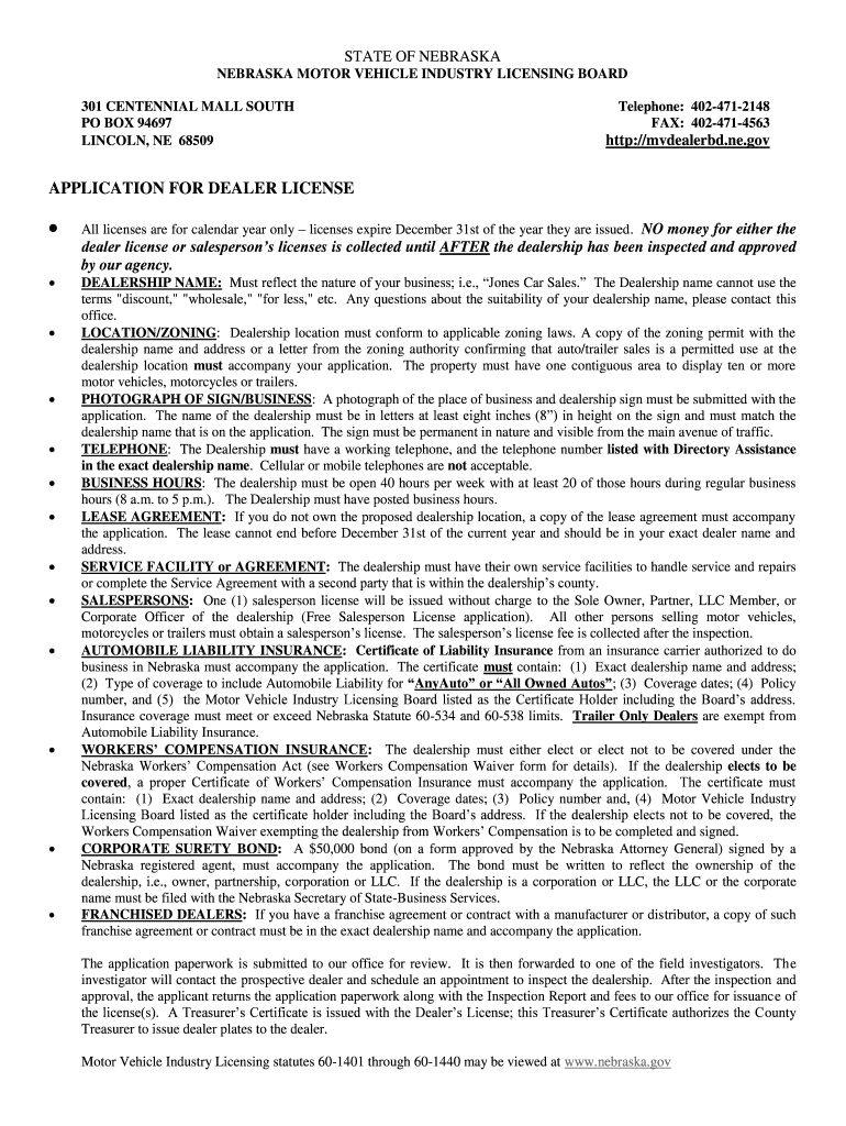 Dealer Nebraska Motor Vehicle Industry Licensing Board  Form