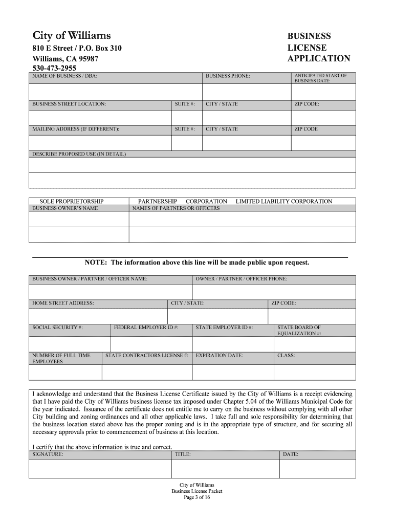 Business License Information Packet and Application City of Williams Cityofwilliams