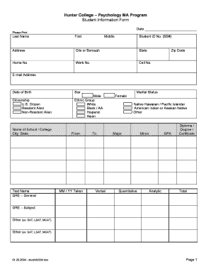 Student Information Form Hunter College Hunter Cuny