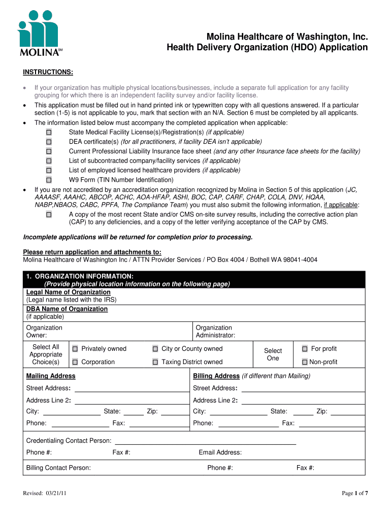  Molina Healthcare Health Delivery Organization Application Form 2011