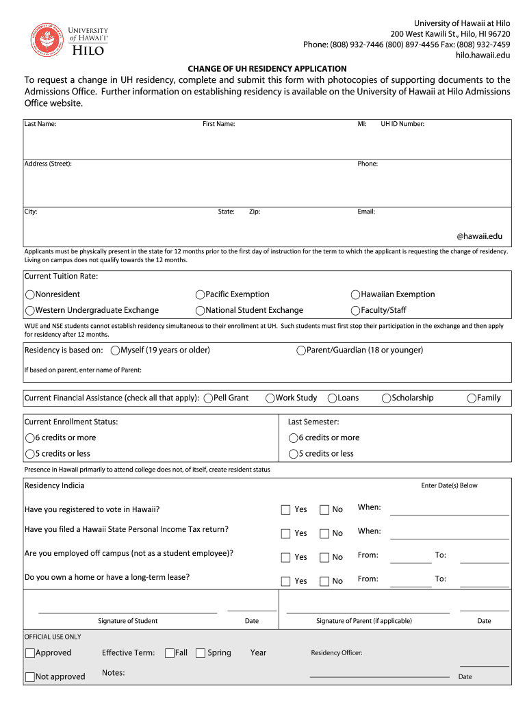 Change of UHH Residency Application University of Hawaii Hilo Hawaii  Form