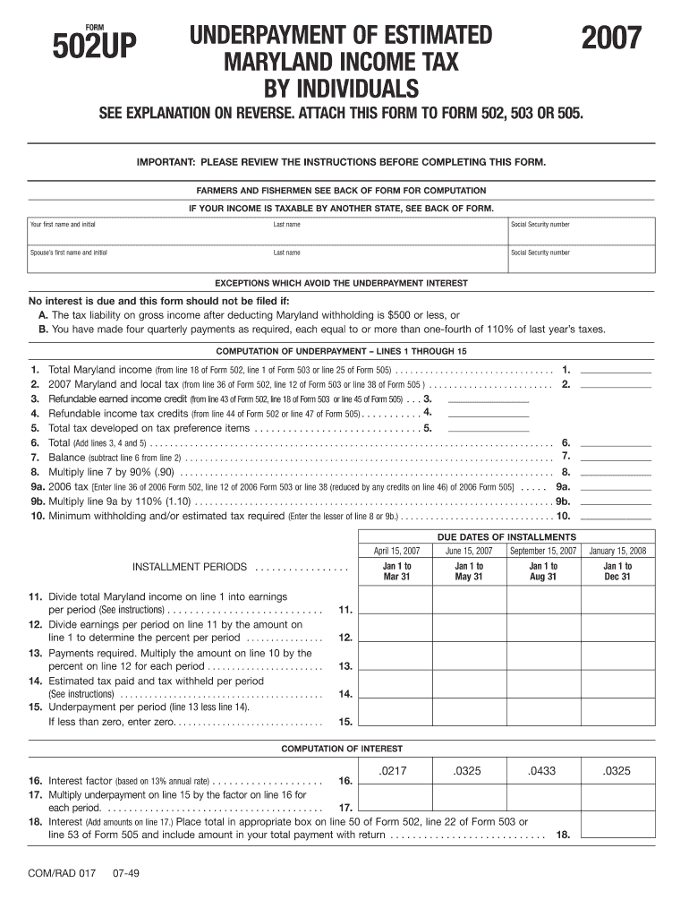 Underpayment of Estimated Maryland Income Tax by Individuals  Form