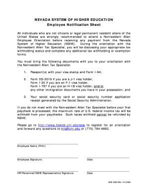 NSHE Employee Notification Sheet 10262006 DOC Unr  Form