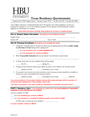 Texas Residency Questionnaire Houston Baptist University Hbu  Form