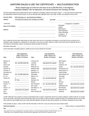 Uniform Sales &amp; Use Tax Certificate Independence Medical