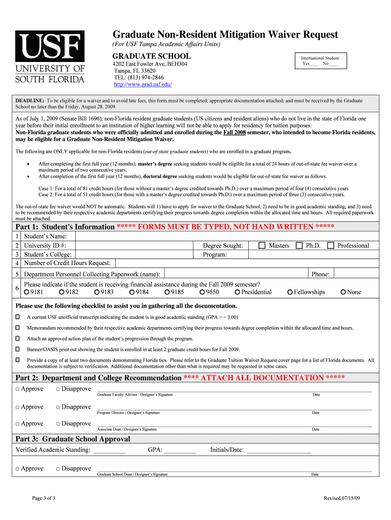 Graduate Non Resident Mitigation Waiver Request  Form