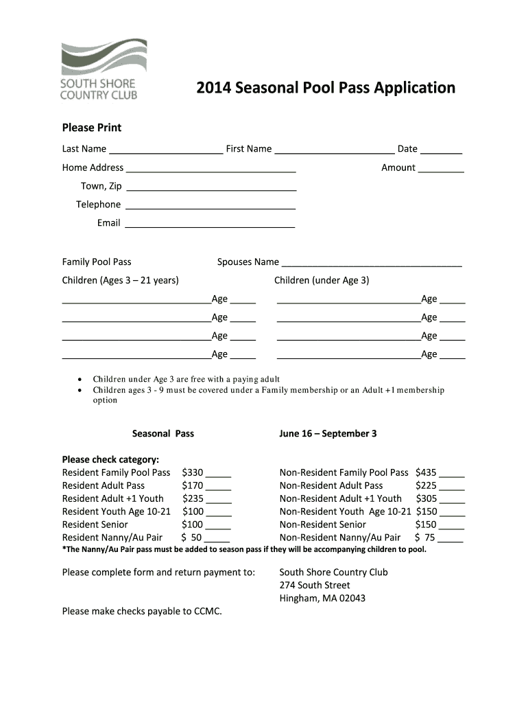 Seasonal Pool Pass Application Town of Hingham Hingham Ma  Form