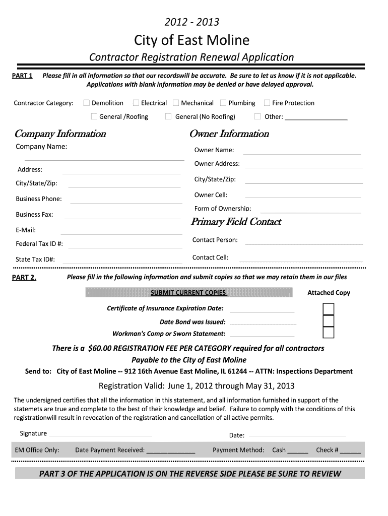 Contractor Registration Renewal Application City of East  Form