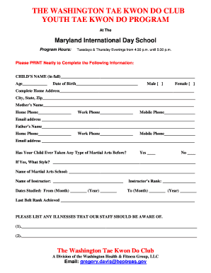 The Washington Tae Kwon Do Club Youth Tae Kwon Do Program Themidschool Form