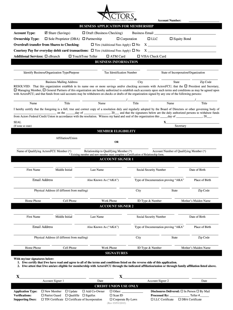 Business Application for Membership ActorsFCU  Form