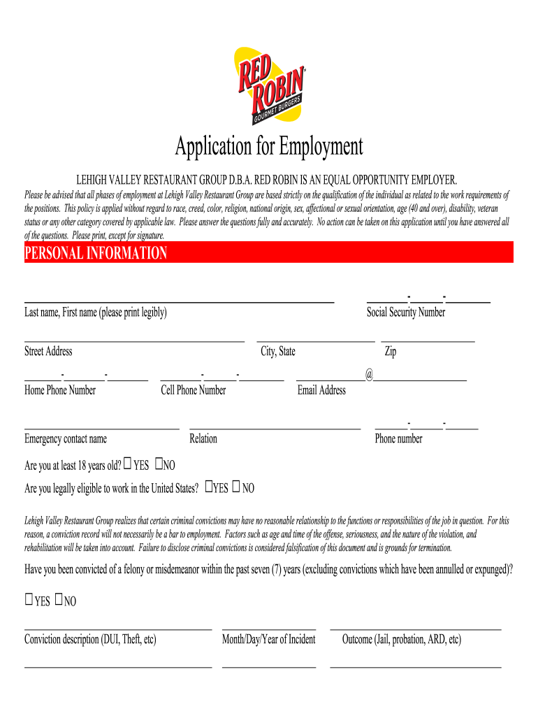 Red Robin Application  Form