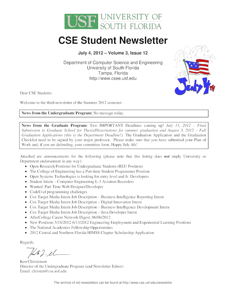 CSE Student Newsletter Department of Computer Science and Cse Usf  Form