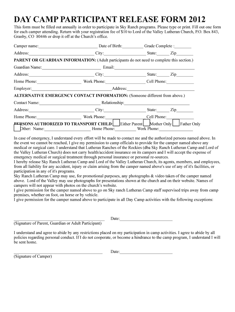 DAY CAMP PARTICIPANT RELEASE FORM