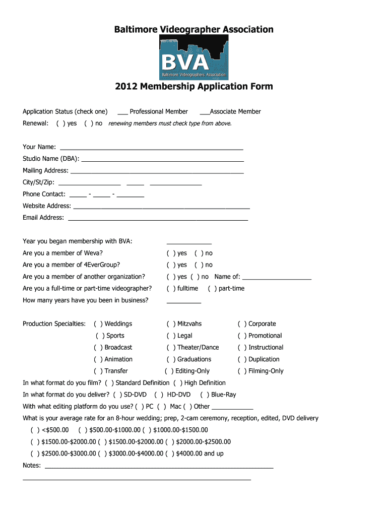 BVA App Baltimore Videographers Association  Form