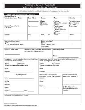 West Virginia Reportable Infectious Diseases Health Care DHHR Dhhr Wv  Form