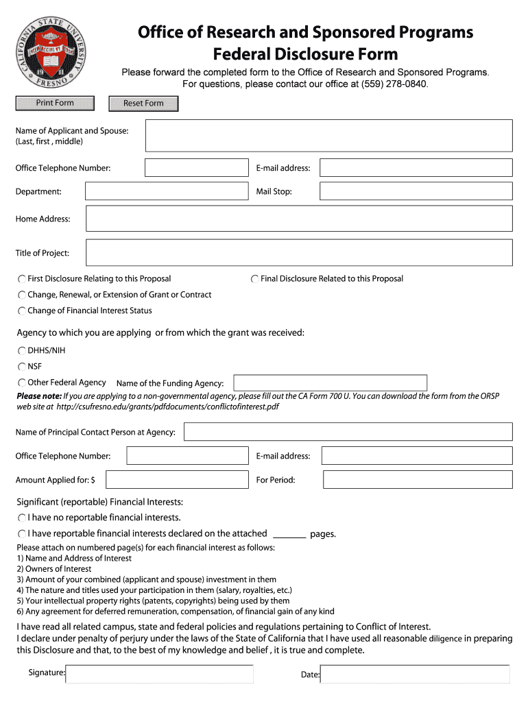 Office of Research and Sponsored Programs Federal Disclosure Form