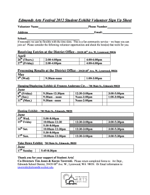 Edmonds Arts Festival Student Exhibit Volunteer Sign Up Sheet Edmonds Wednet  Form