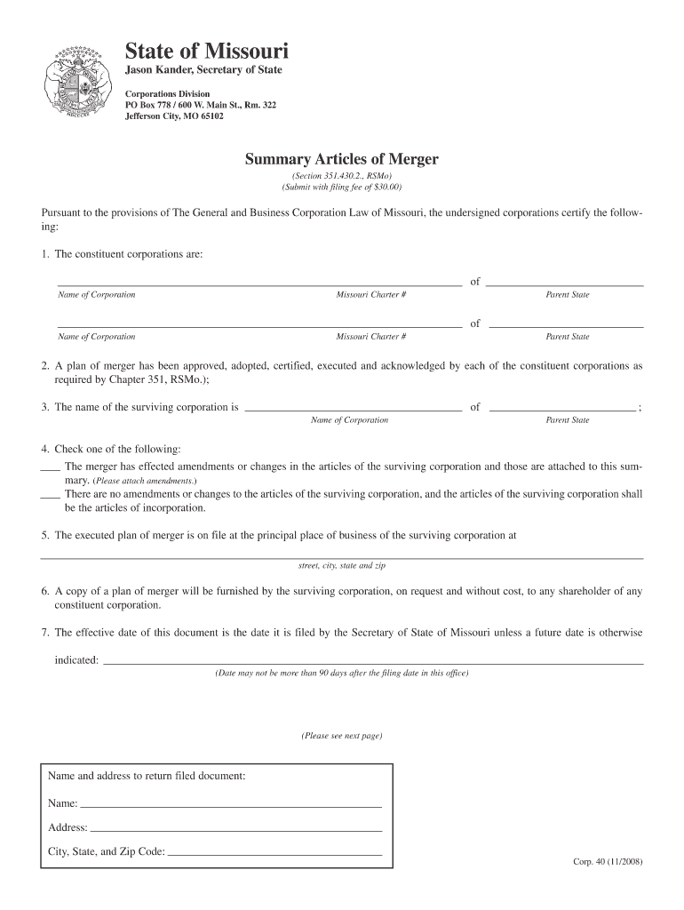 Summary Articles of Merger Missouri Secretary of State  Form