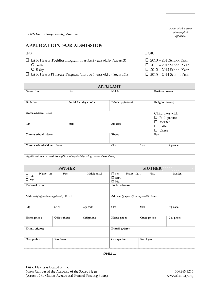 Little Hearts Application Academy of the Sacred Heart  Form