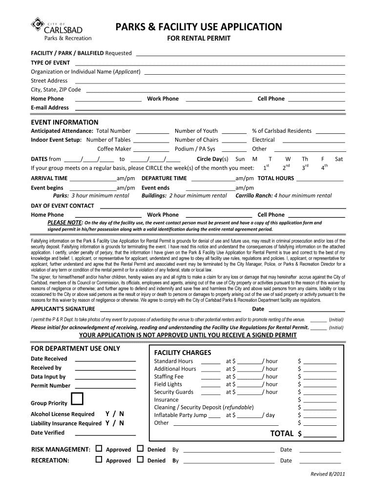  PARKS & FACILITY USE APPLICATION  City of Carlsbad  Carlsbadca 2011-2024