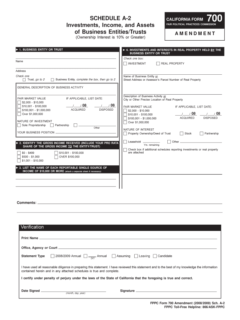 SCHEDULE a 2 Investments, Income, and Assets of Business EntitiesTrusts CALIFORNIA FORM AMENDMENT Ownership Interest is 10% or G