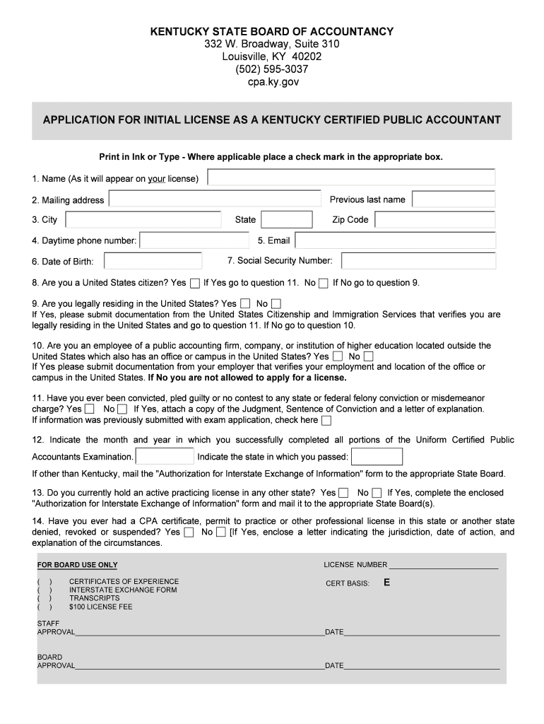 Initial License Application Kentucky State Board of Accountancy Cpa Ky  Form