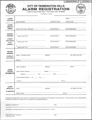 Alarm Registration Form, Police Department City of Farmington