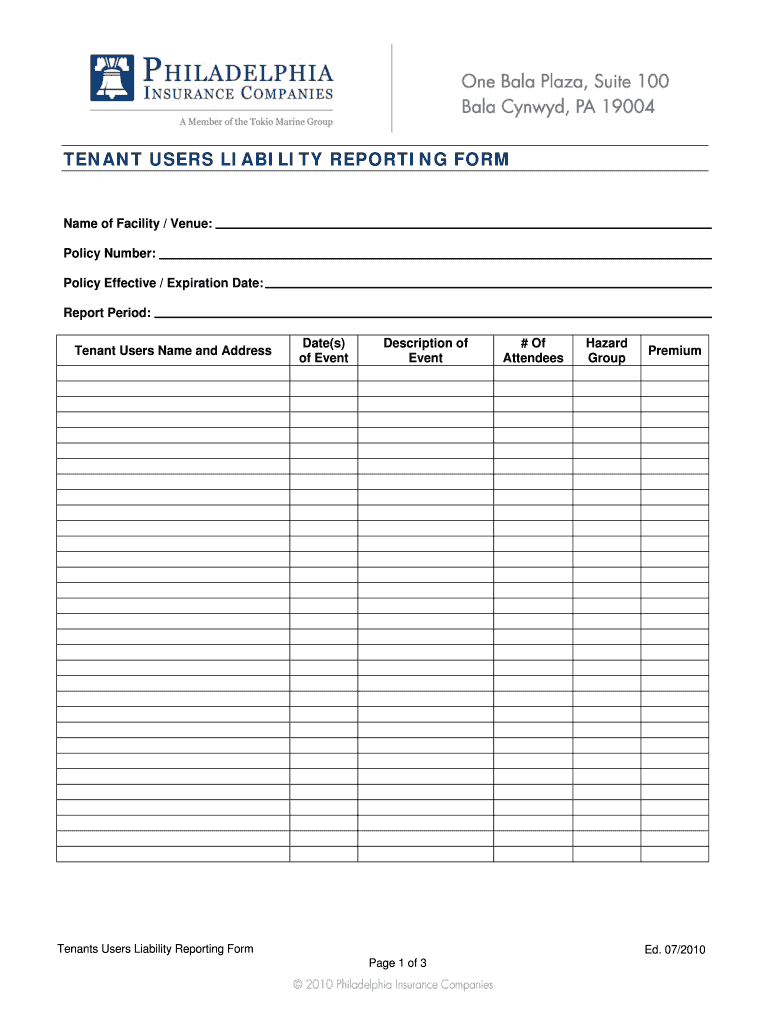 Tenant Users Liability Reporting Form Philadelphia Insurance