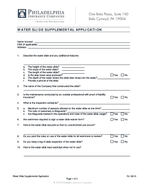 Water Slide Supplemental Application Philadelphia Insurance  Form