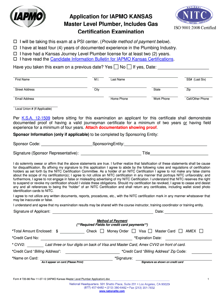 Application for KANSAS IAPMO Master Level Plumber, Includes Gas  Form