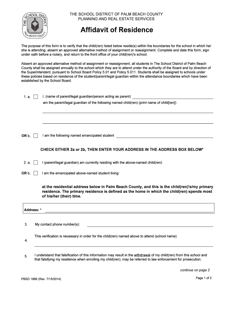 Affidavit of Residence the Purpose of This Form is to Verify that the Children Listed below Resides within the Boundaries for Th