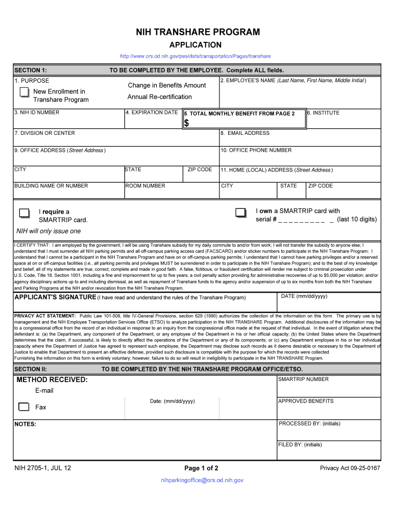  NIH Form 2705 1 Transhare Program Application  ORS  Ors Od Nih 2012