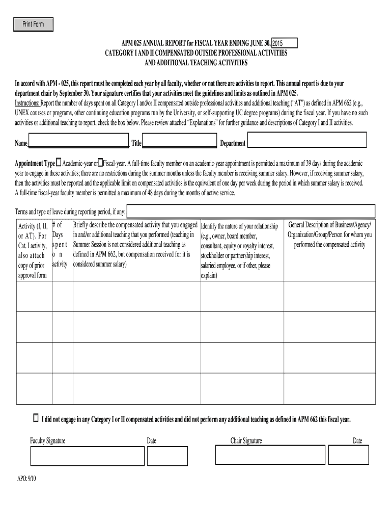 APM 025 ANNUAL REPORT for FISCAL YEAR ENDING JUNE 30,  Form