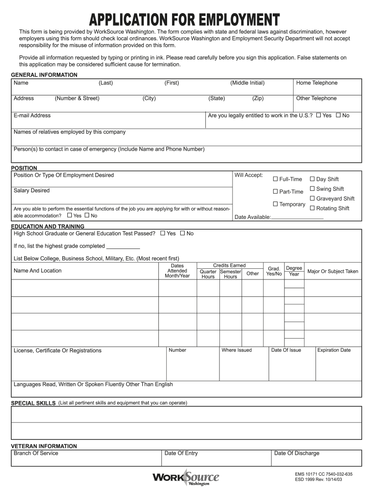  Sample Fillable Employment Application  Form 2003