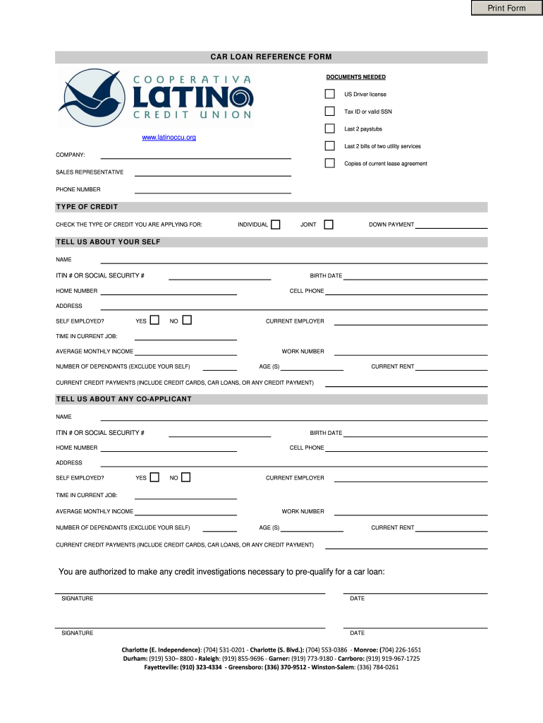 CAR LOAN REFERENCE FORM