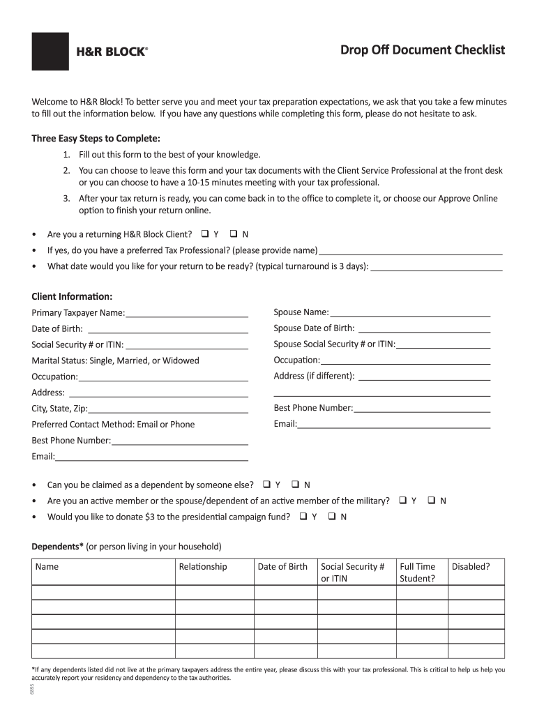 H R Block Drop off  Form