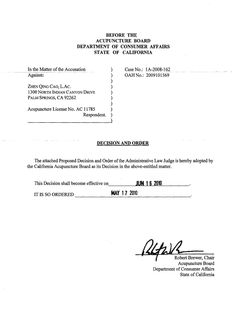 California Board of Acupuncture Decision California Board of Acupuncture Decision Acupuncture Ca  Form