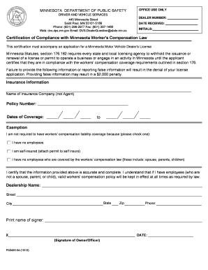 Certification of Compliance with Minnesota Worker&#039;s Compensation Dps Mn  Form