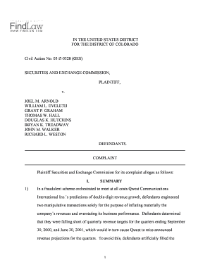 Securities and Exchange Commission V Joel M Arnold, Et Al February 25, Civil Complaint Qwest Employees  Form