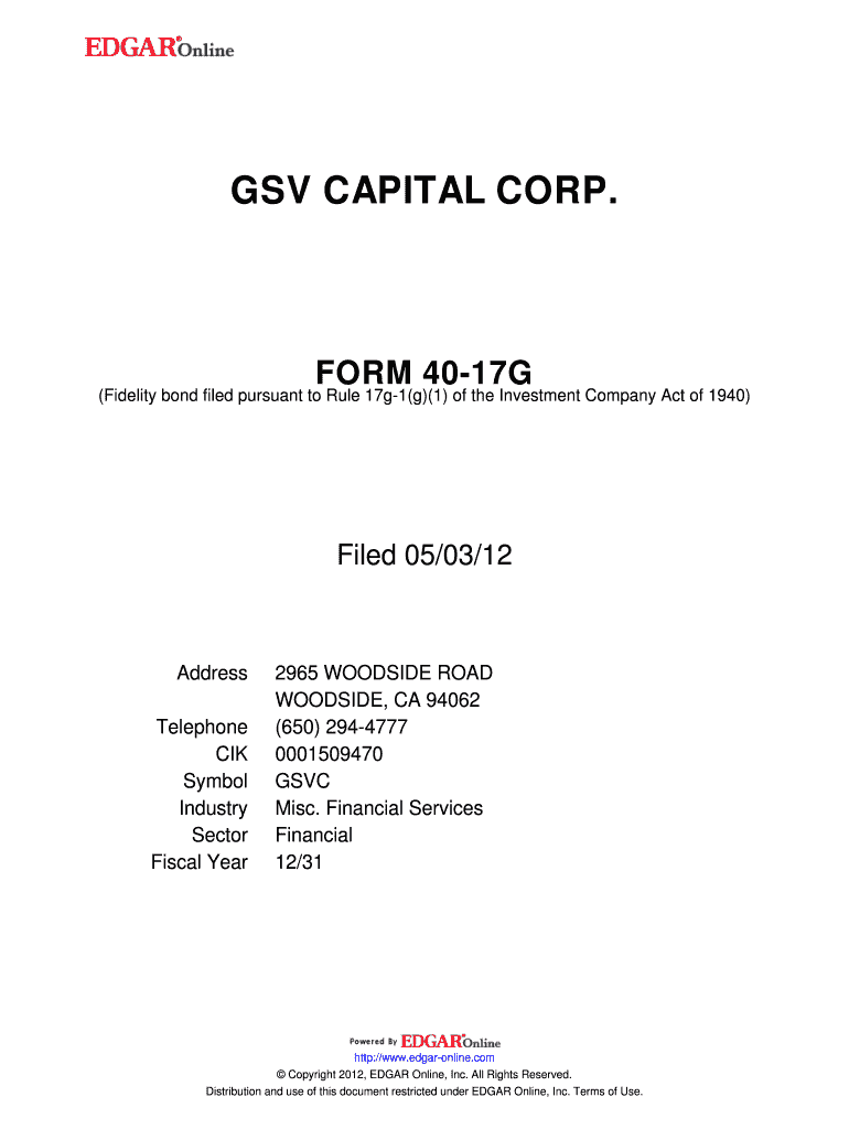 GSV CAPITAL CORP FORM 40 17G Fidelity Bond Filed Pursuant to Rule 17g 1g1 of the Investment Company Act of 1940 Filed 050312