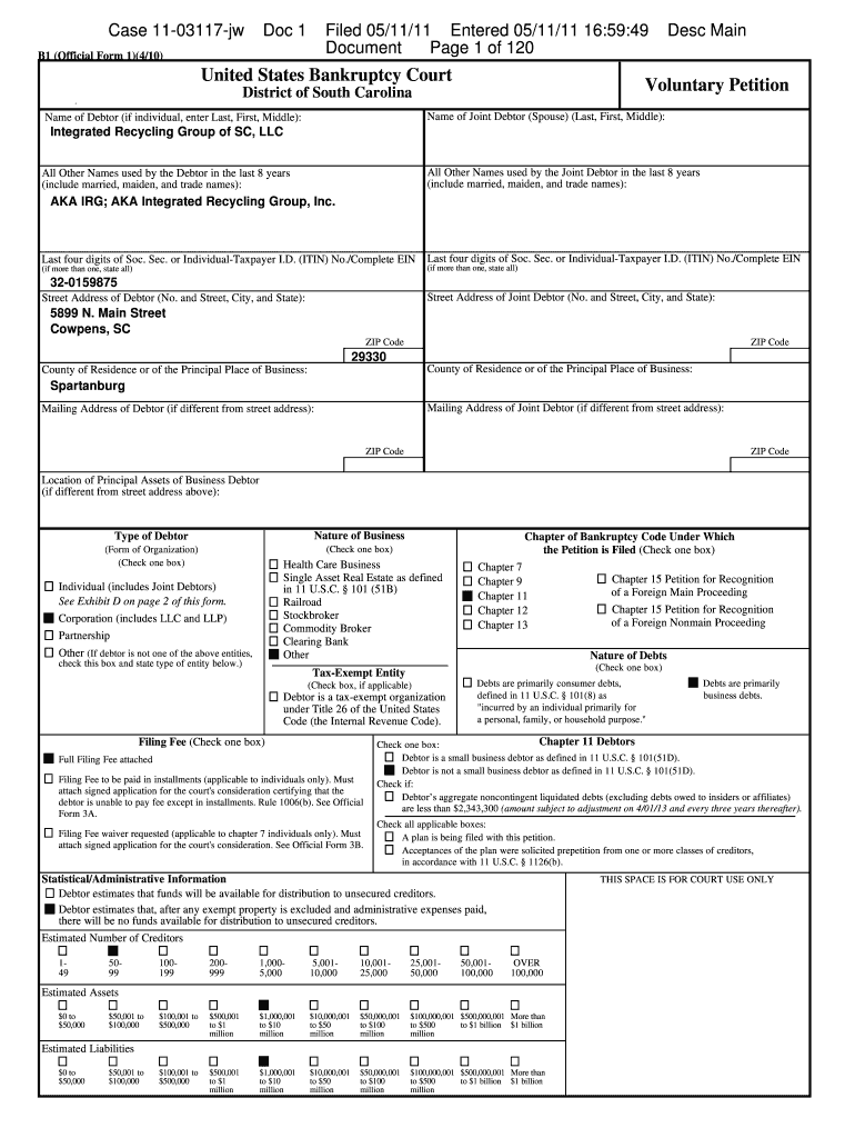 Bankruptcy Forms Integrated Recycling Group of SC, LLC Barbara George Barton 1221