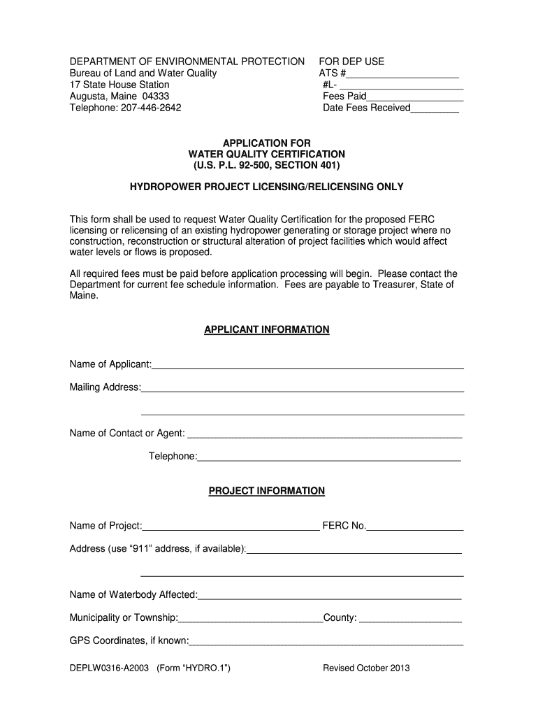 FORM HYDRO 1 Application for WQC