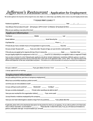 Jeffersons Restaurant Print Out Application Form