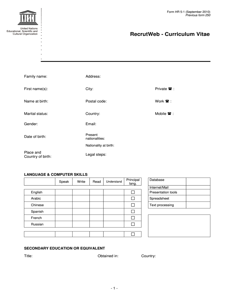  Unesco Cv Form 2010-2024