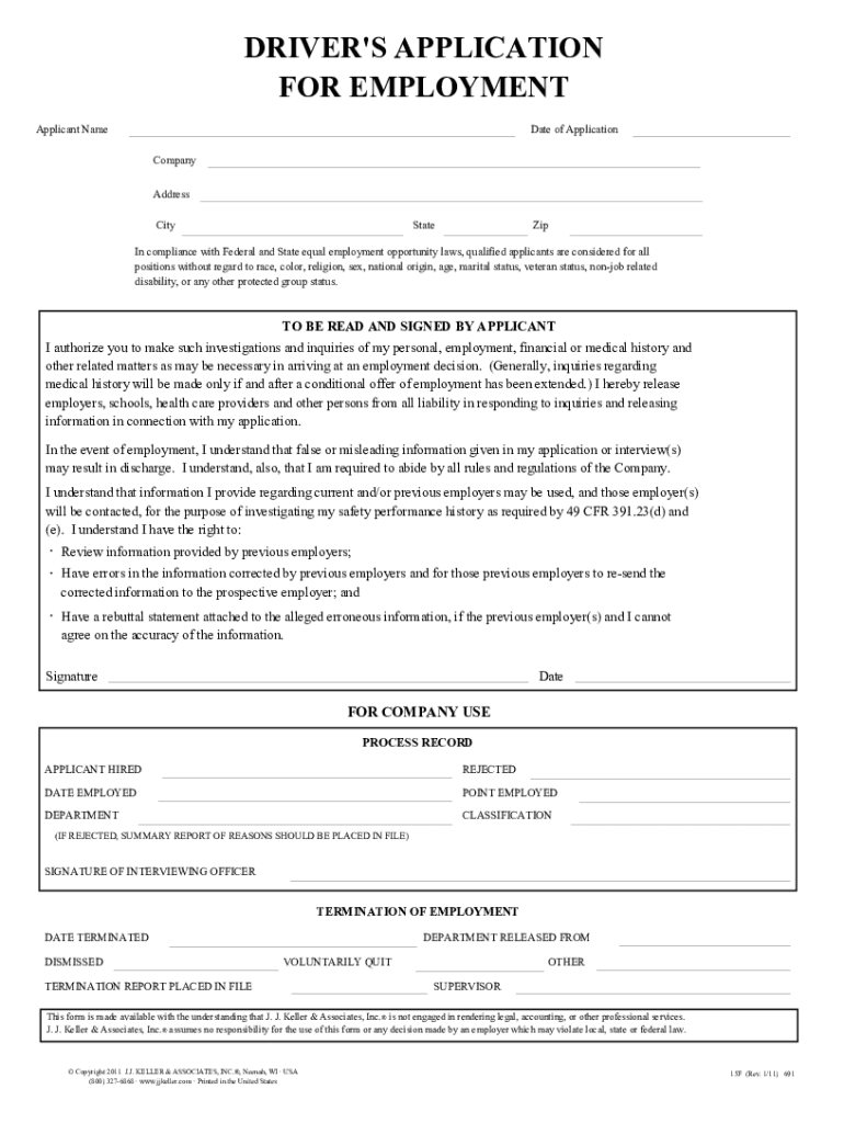 Application for Employment as a Driver  Form