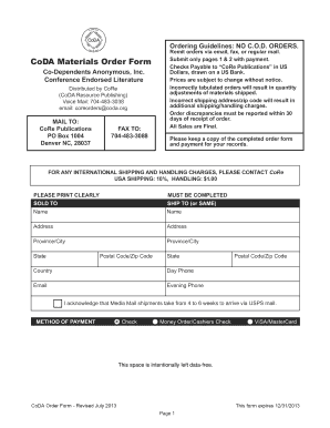 CoDA Materials Order Form Co Dependents Anonymous Coda